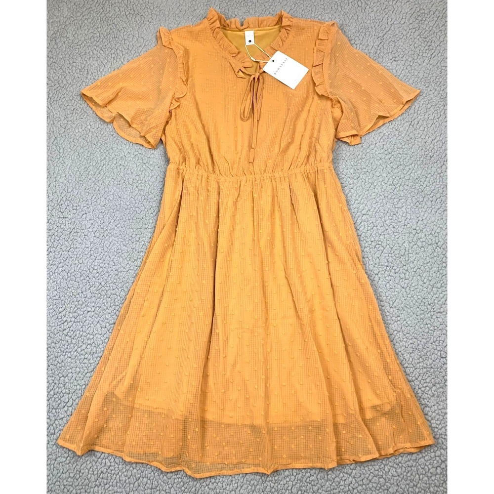 Mimi‎ + Daphne Ella Swiss Dot Dress Orange Mustard Ruffle Flutter Sleeve NWT L